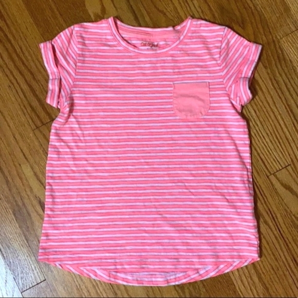 Girl’s Cat & Jack Striped Coral Pink Pocket Tee Shirt M 7/8 - Picture 2 of 8